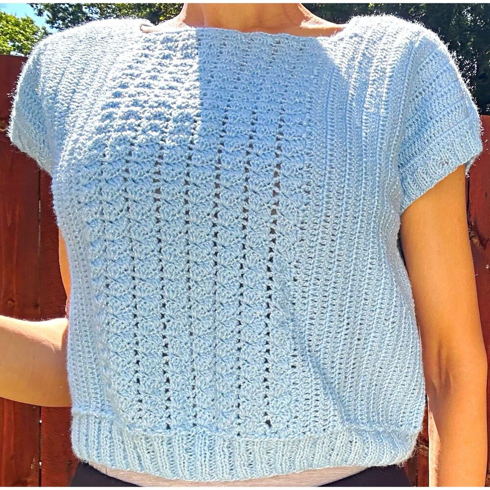 Handmade Crochet Pastel Blue Sweater Top Small Short Sleeve Square Neck Boxy